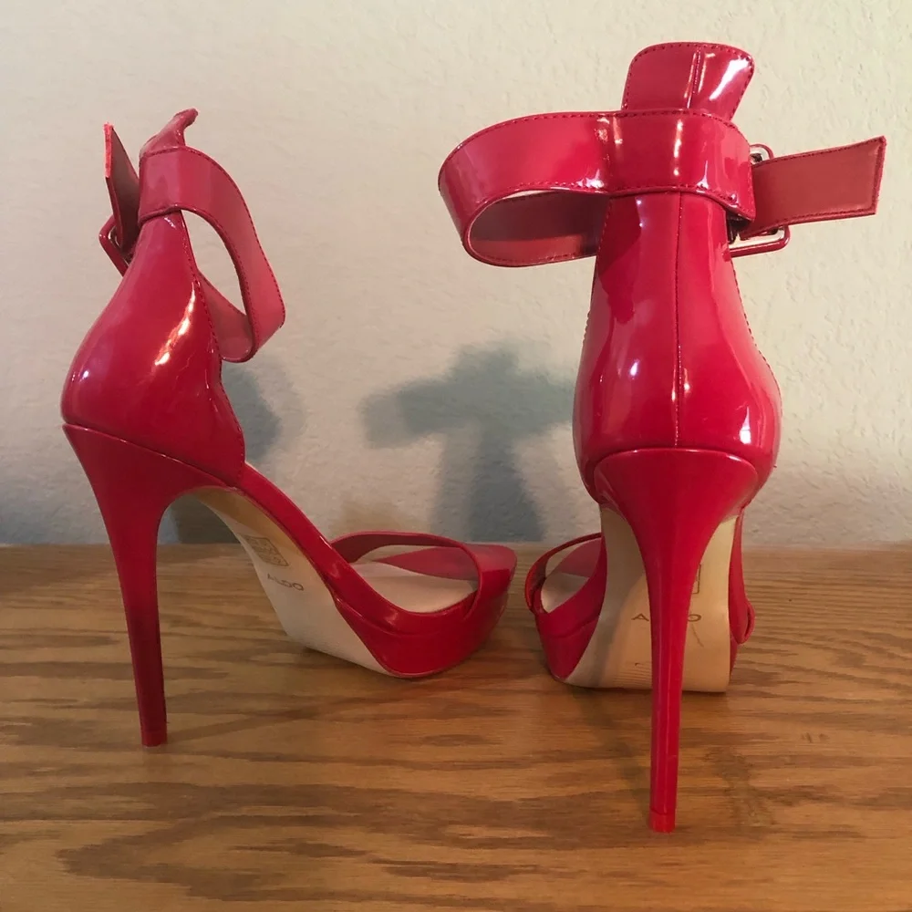 Aldo Red Patent Platform Ankle-Strap Stilettos